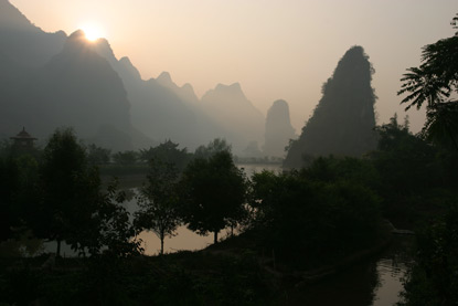 Dawn over limestone karst peaks, Silver Cave, near Yangshuo